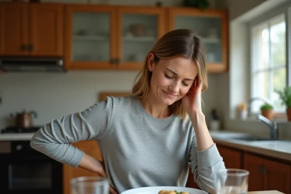 Femme tenant son haut du dos gauche avec douleur après un repas dans une cuisine