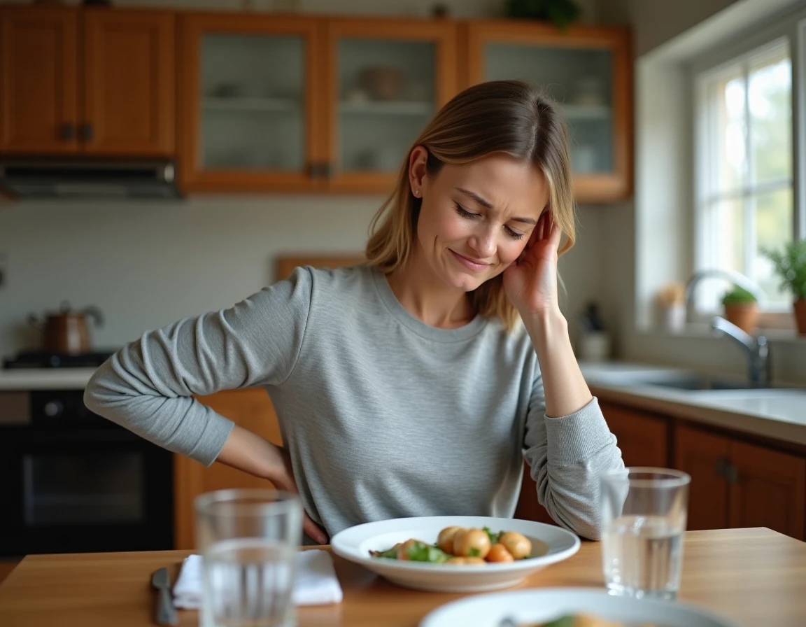 Femme tenant son haut du dos gauche avec douleur après un repas dans une cuisine