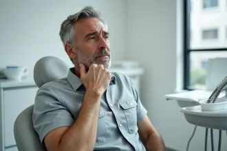 Homme d'âge mûr tenant sa mâchoire avec une expression de douleur dans un cabinet dentaire moderne