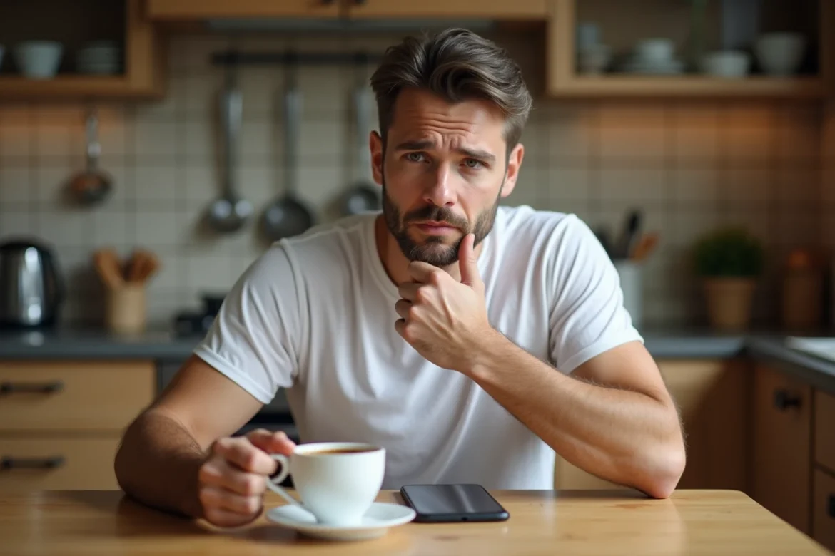 Homme à son domicile inquiet touchant sa mâchoire douloureuse assis à une table de cuisine