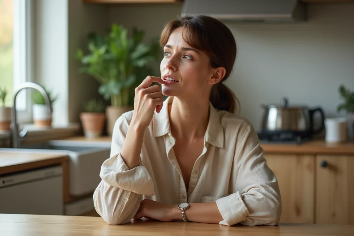 Femme à domicile palpant la zone du ganglion gauche du cou et de la mâchoire avec une expression préoccupée