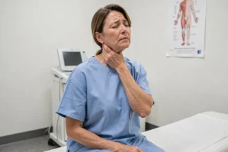 Femme d'âge moyen touchant son trapèze douloureux lors d'une consultation en service de radiologie