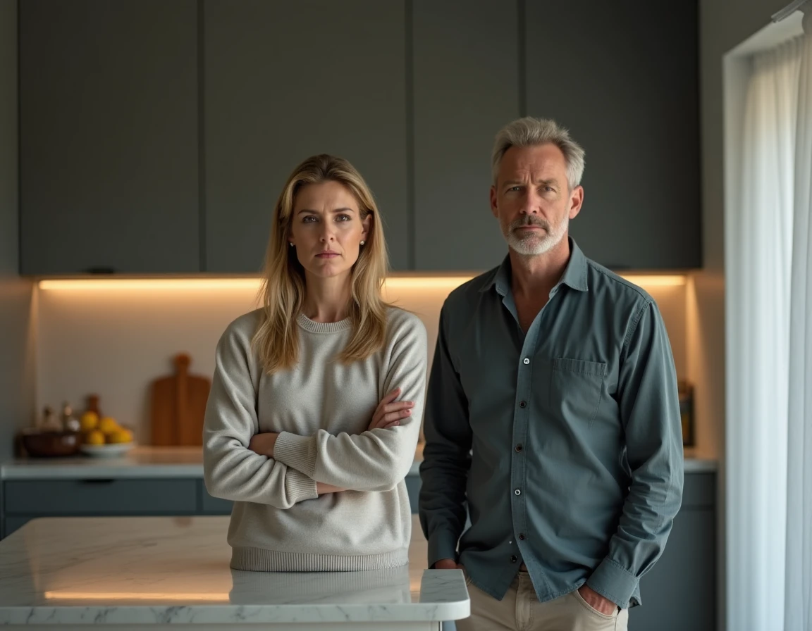 Dynamique toxique entre une femme au comportement narcissique pervers et son partenaire dans un intérieur domestique, illustration psychologie relationnelle