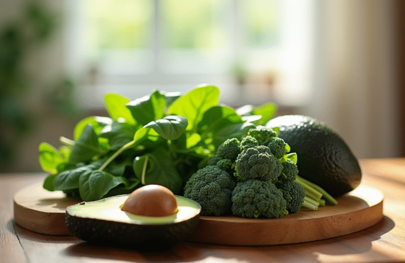 Epinards brocolis et avocat sur une table en bois