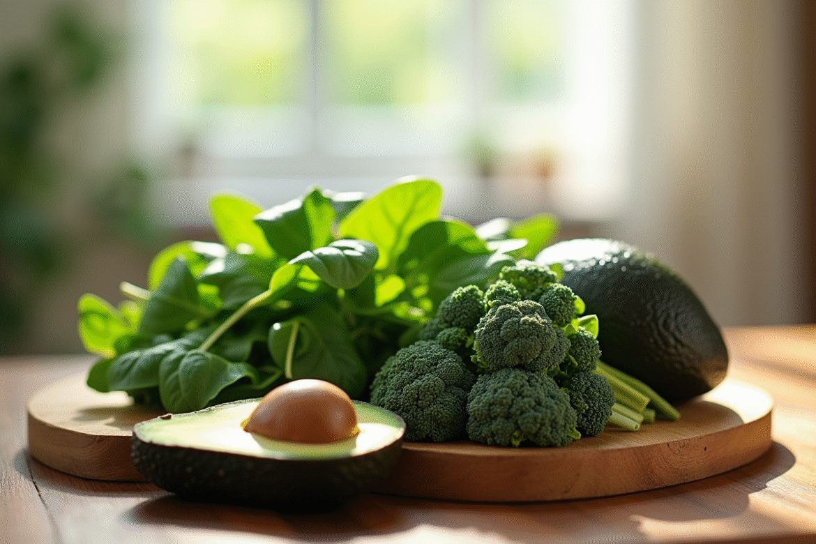 Epinards brocolis et avocat sur une table en bois