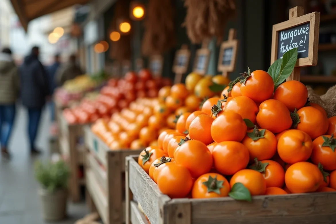 Étal de marché en plein air avec des kakis orange vif empilés sur des caisses en bois et du jute, ambiance marché d'automne