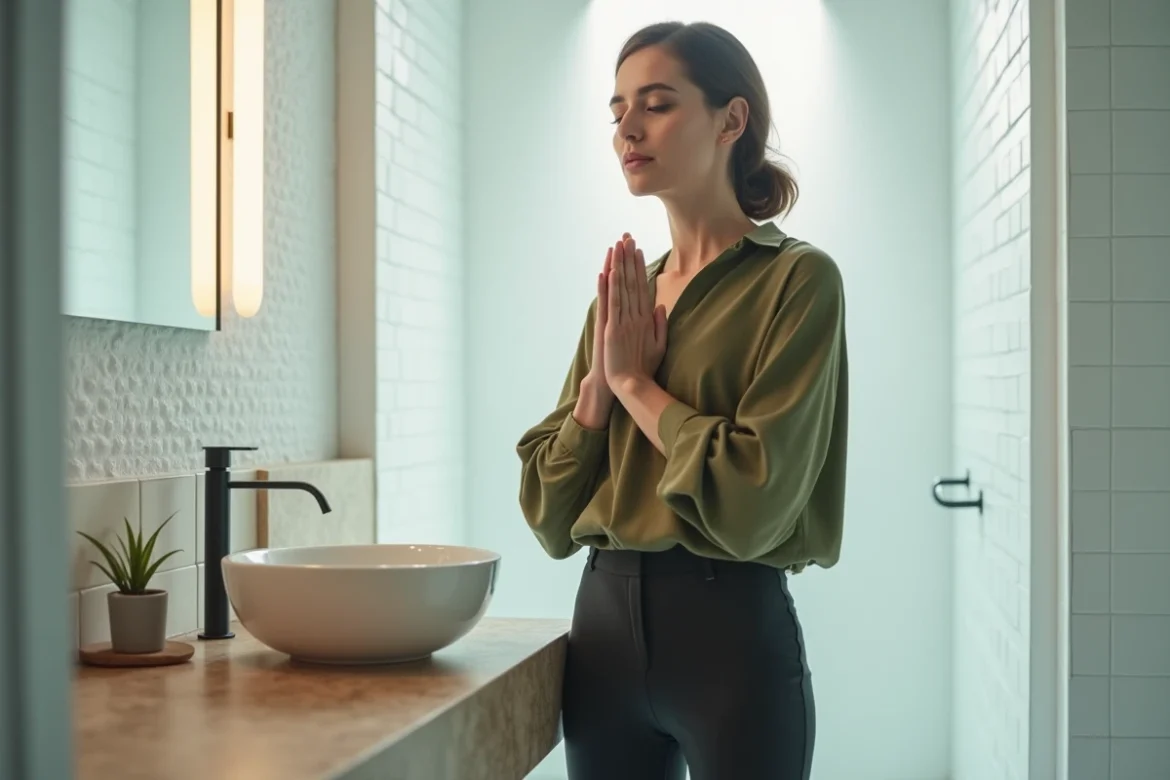 Femme pratiquant des exercices de respiration dans la salle de bain pour soulager les extrasystoles après manger