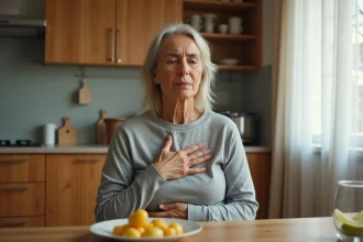 Femme d'âge moyen ressentant des extrasystoles après un repas, main posée sur la poitrine dans sa cuisine