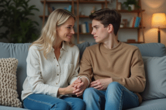 Femme et adolescent partageant un moment de complicite dans un salon