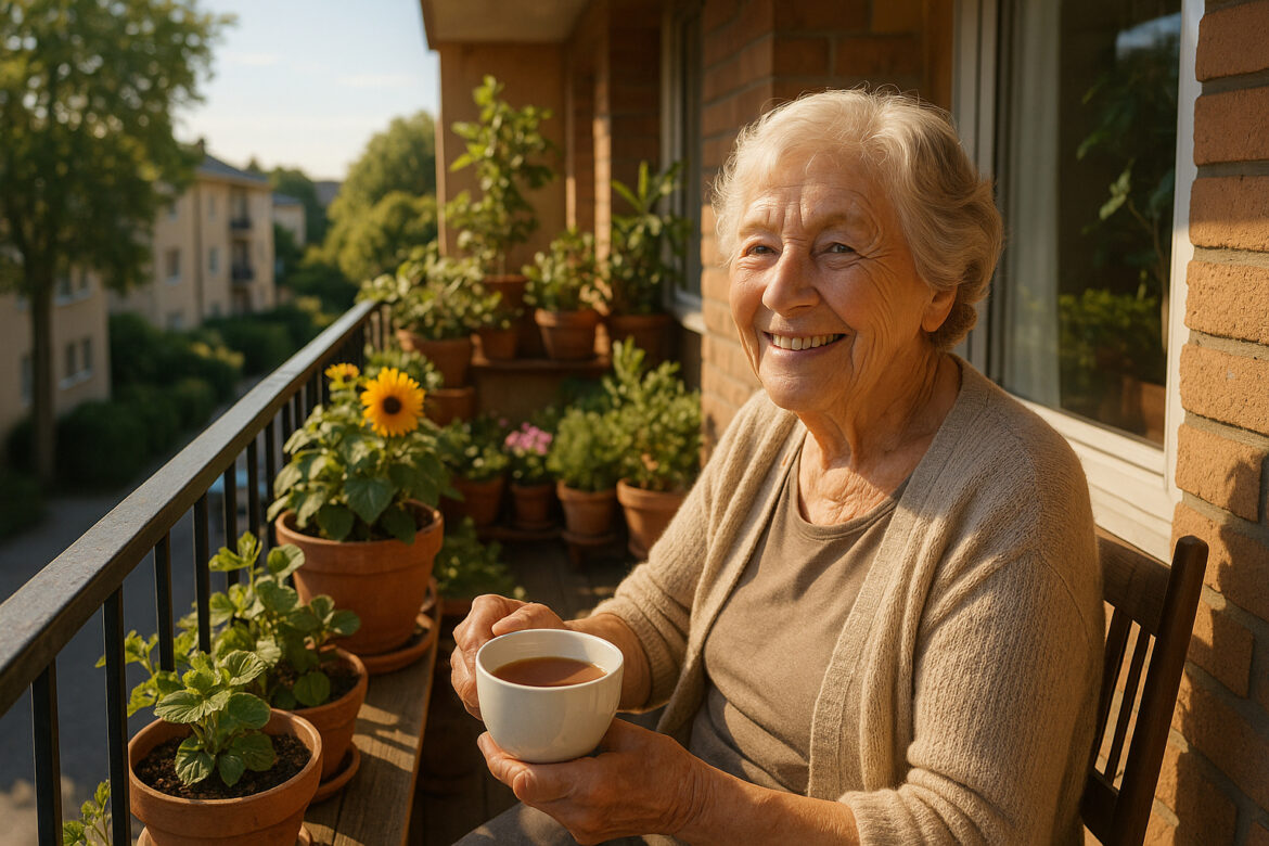Femme âgée souriante profitant du soleil sur son balcon