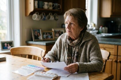 Femme âgée réfléchissant avec ses médicaments à la maison