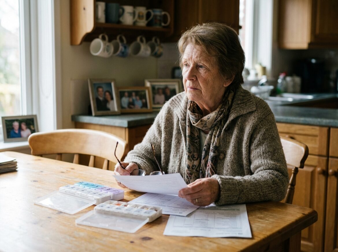 Femme âgée réfléchissant avec ses médicaments à la maison