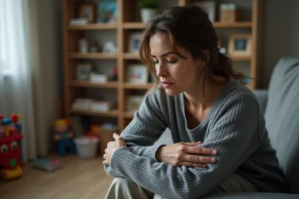 Femme anxieuse assise dans un salon modeste