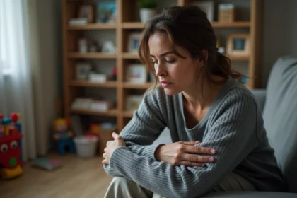 Femme anxieuse assise dans un salon modeste