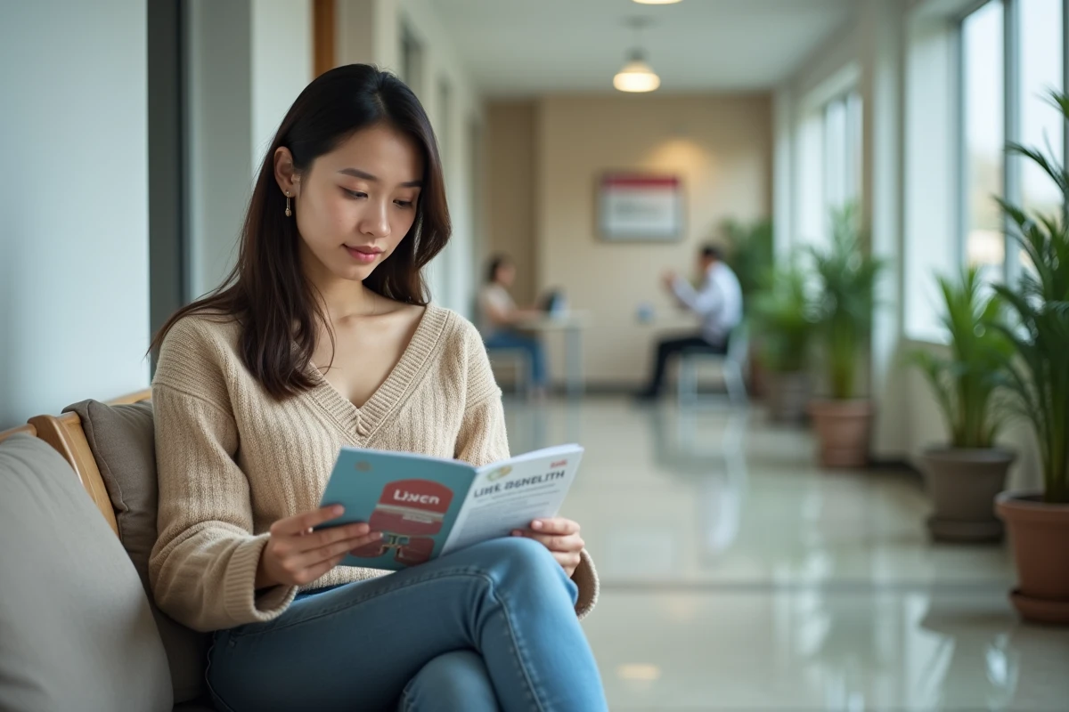 Jeune femme lisant brochure sur la santé du foie en salle d