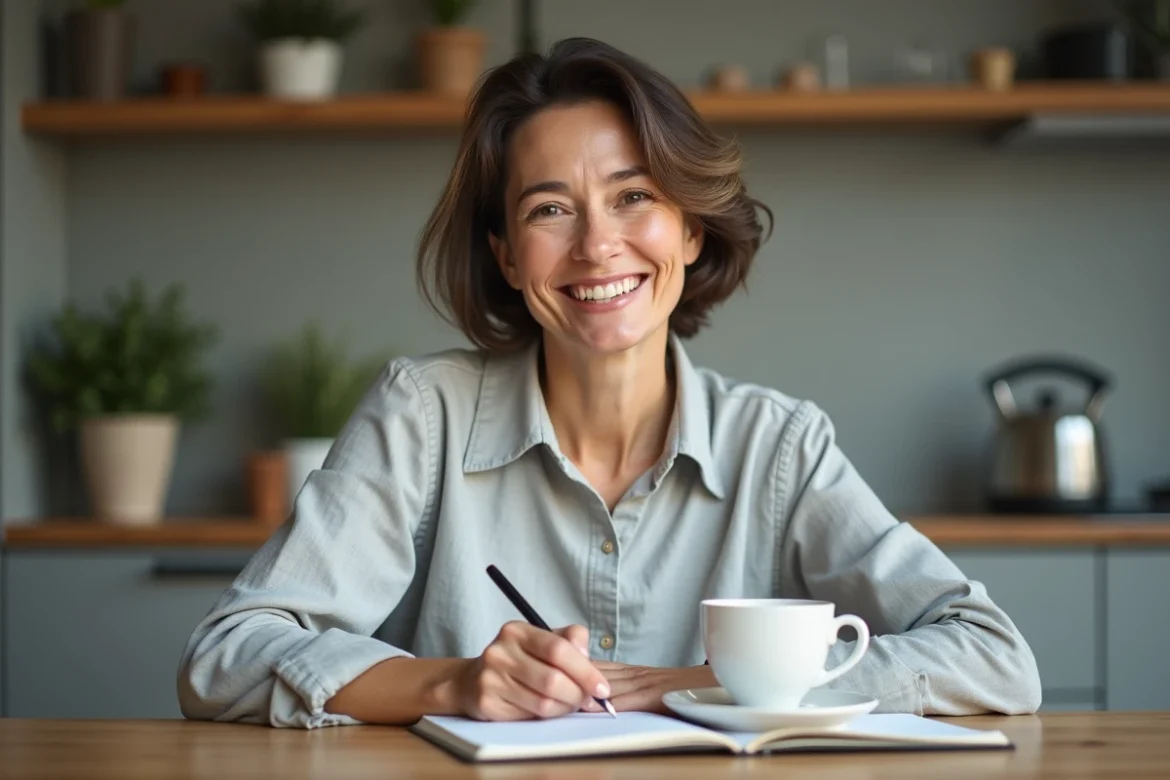 Femme souriante rédigeant un avis client sur le produit Alviona à la table de cuisine avec un carnet ouvert