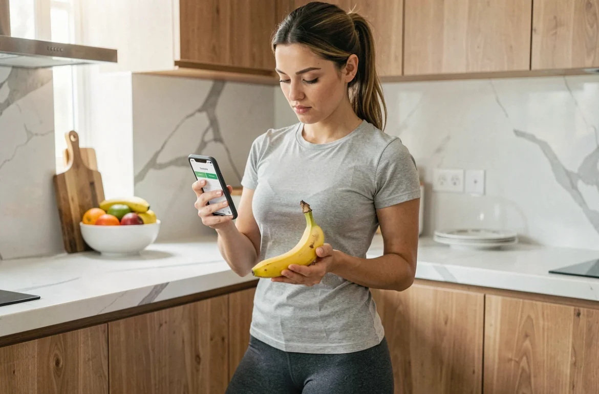 Femme consultant une application de suivi calorique en tenant une banane dans une cuisine moderne