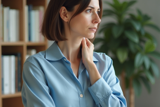 Femme en blouse bleue touchant son cou avec souci