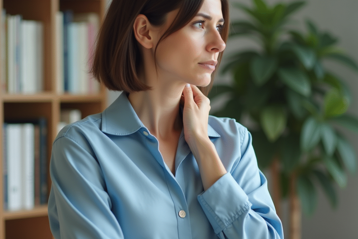 Femme en blouse bleue touchant son cou avec souci