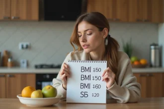Femme assise à la cuisine regardant un carnet de BMI
