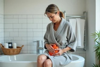 Femme en robe de chambre tenant une bouillotte contre le ventre dans une salle de bain, remède maison pour soulager la constipation