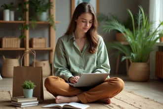 Jeune femme en intérieur avec livres et plantes vertes