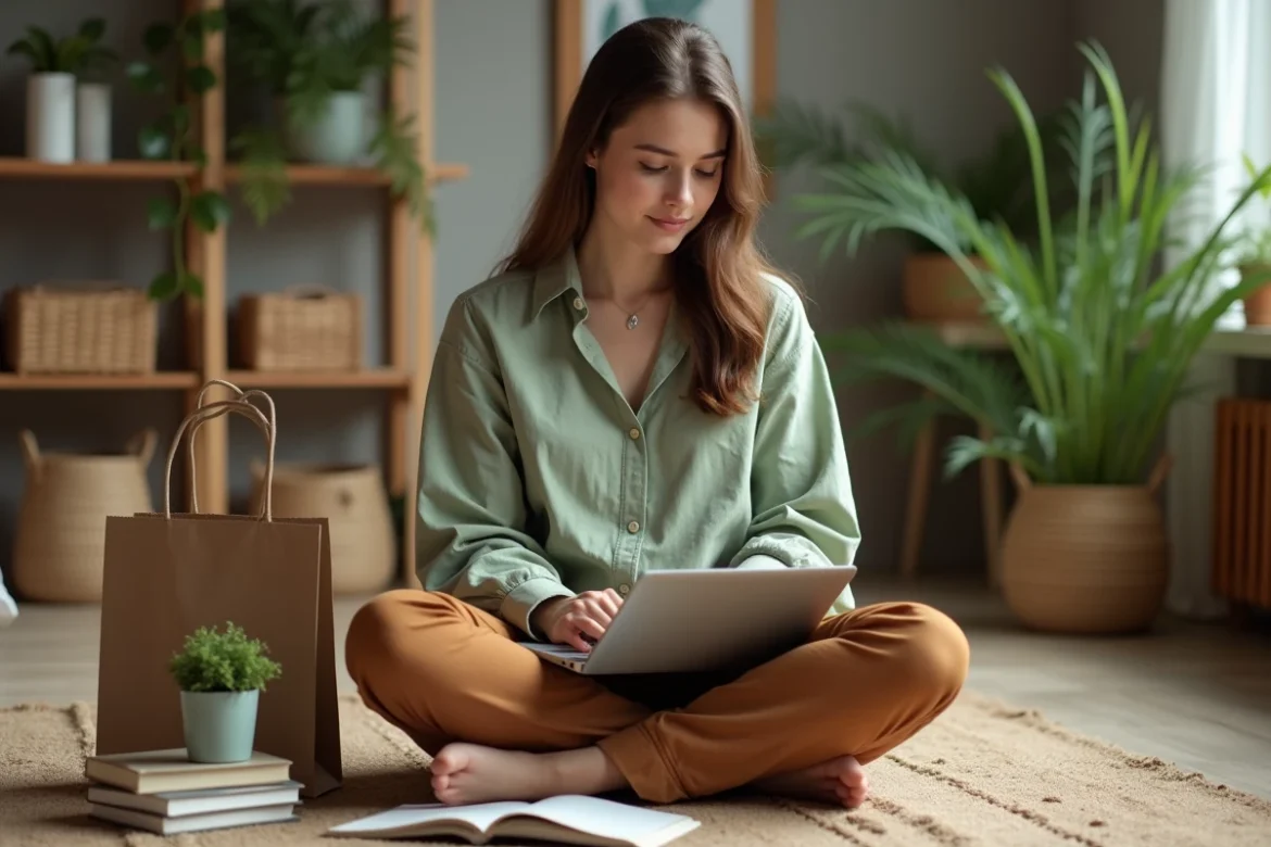 Jeune femme en intérieur avec livres et plantes vertes