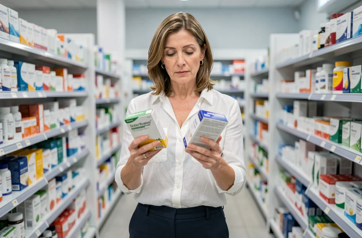 Femme comparant des compléments alimentaires en pharmacie pour choisir Lumilean en toute sécurité