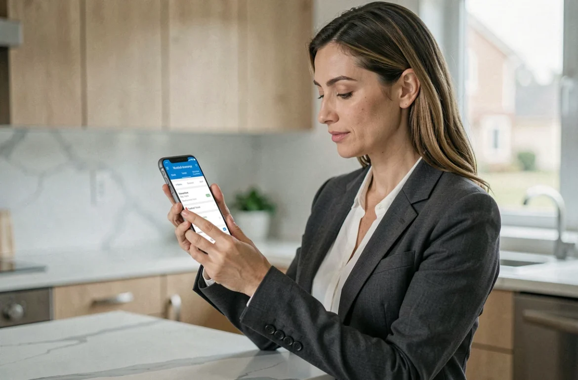 Femme consultant son compte mutuelle PRO BTP sur smartphone dans une cuisine moderne