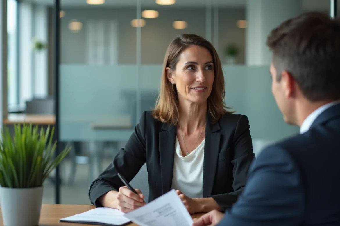 Femme en reconversion professionnelle discutant d'une rente pour discopathie avec un conseiller en assurance