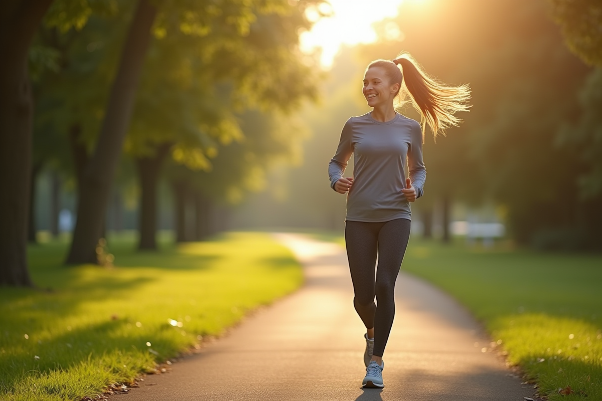 Femme souriante courant dans un parc au matin ensoleille