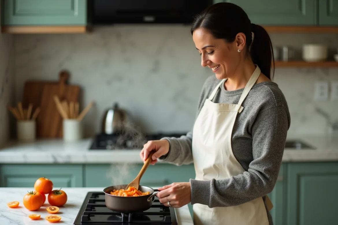 Femme préparant une compote de kaki cuit dans une cuisine moderne, avec des morceaux de fruit sur un plan de travail en marbre