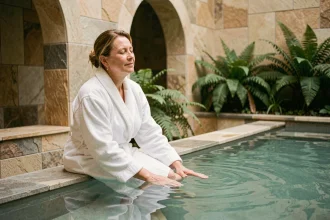 Femme en robe de bain se relaxant au bord d'une piscine thermale pour un traitement rhumatologique
