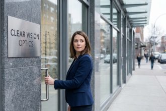 Femme devant la vitrine d'un opticien, observant les montures exposées avant d'entrer dans la boutique