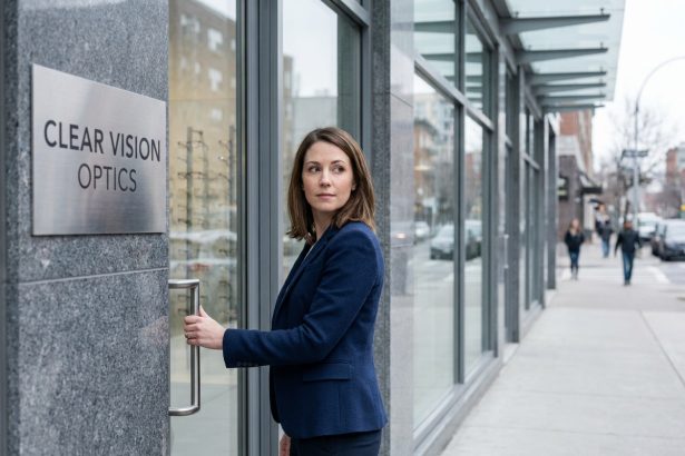 Femme devant la vitrine d'un opticien, observant les montures exposées avant d'entrer dans la boutique