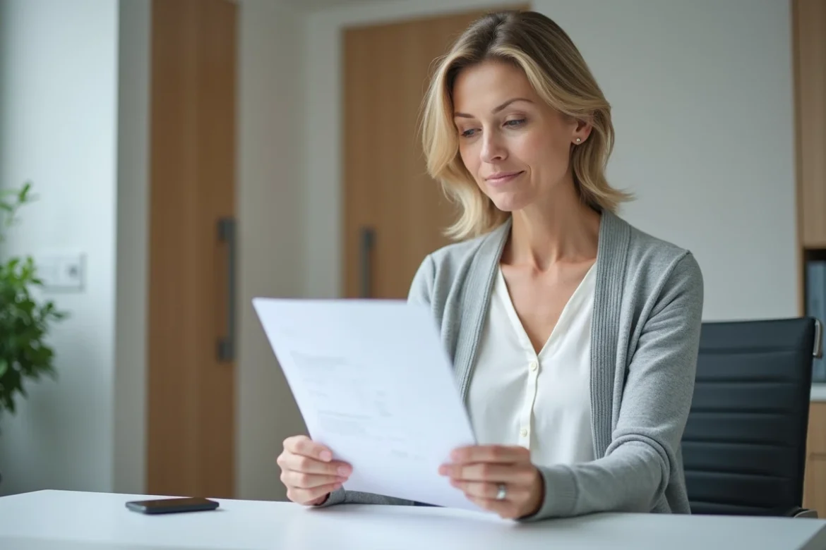 Femme d'âge moyen examine un rapport médical dans un cabinet