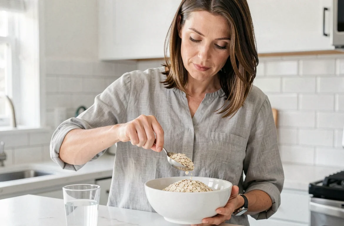 Femme mesurant une portion de son d'avoine avec une cuillère doseuse dans une cuisine moderne