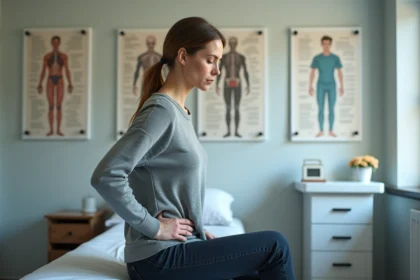 Femme d'une quarantaine touchant son dos en cabinet médical