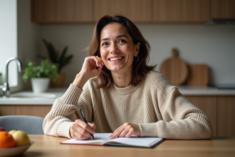 Femme en sweater écrivant dans un journal à la maison