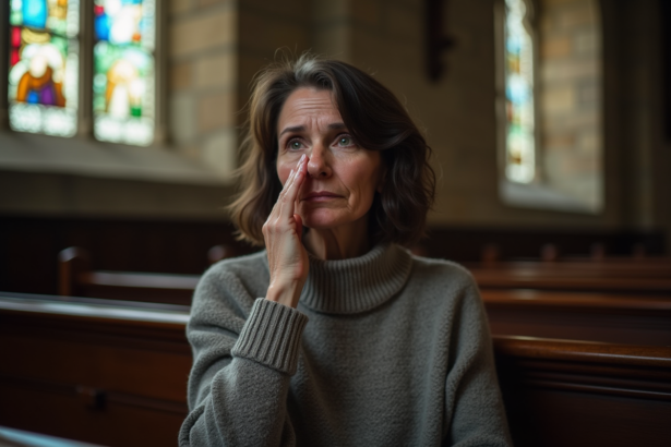 Femme contemplative dans une vieille église en pierre