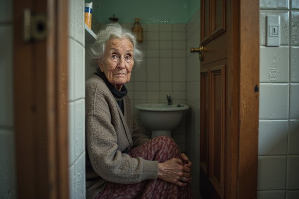 Femme âgée assise à la porte de la salle de bain