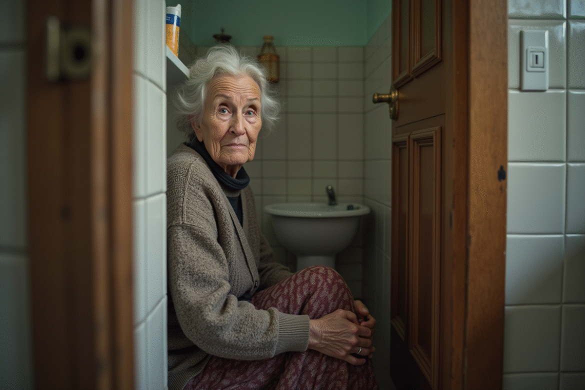 Femme âgée assise à la porte de la salle de bain