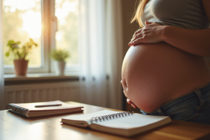 Femme enceinte de cinq mois dans un salon lumineux et cosy