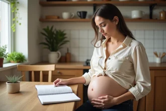 Femme enceinte calculant son terme de grossesse avec un agenda et un calendrier dans une cuisine chaleureuse