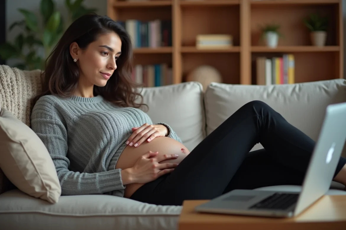 Femme enceinte consultant un calculateur de terme de grossesse sur un ordinateur portable à la maison
