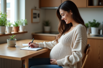 Femme enceinte souriante dans la cuisine chaleureuse