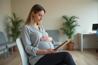 Femme enceinte remplissant un formulaire médical dans une salle d'attente d'un centre de santé