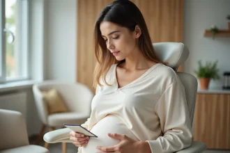 Femme enceinte dans une salle d'attente dentaire tenant une fiche de rendez-vous, réfléchissant à la sécurité des soins dentaires pendant la grossesse