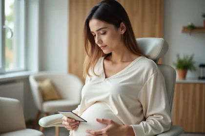 Femme enceinte dans une salle d'attente dentaire tenant une fiche de rendez-vous, réfléchissant à la sécurité des soins dentaires pendant la grossesse