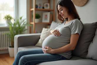 Femme enceinte assise dans un salon cosy et moderne